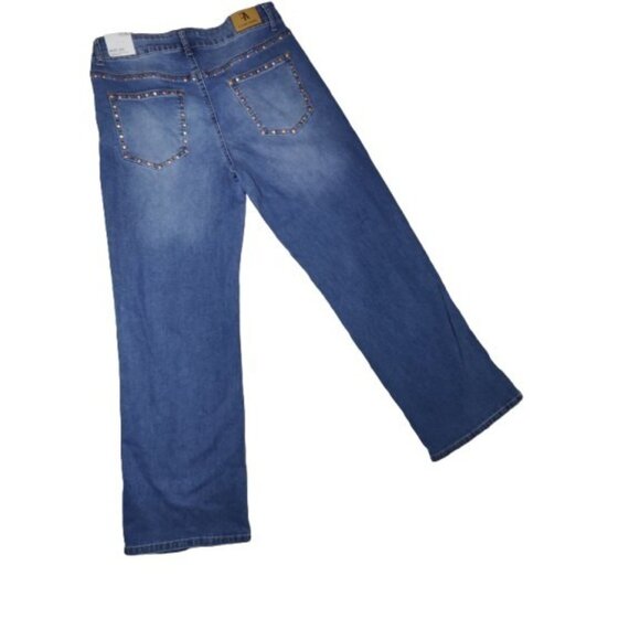 Flying Angel Gold Studded Mid Rise Wide Leg Jeans Medium Wash 11/30 NWT - Picture 3 of 11